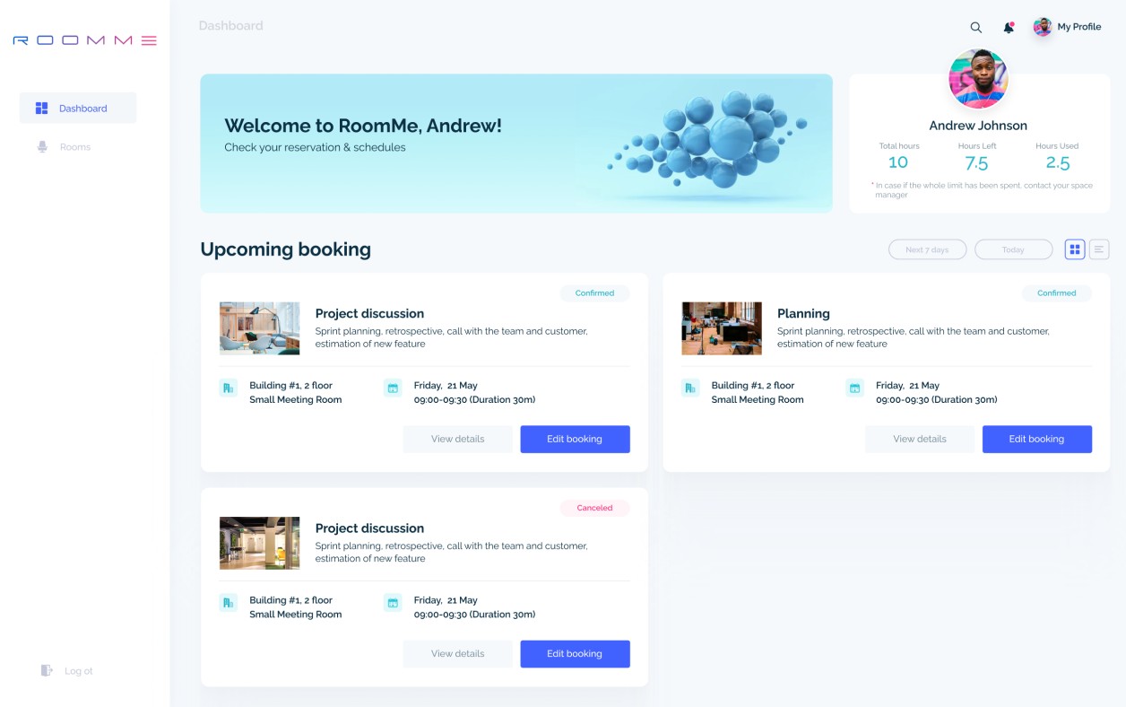 RoomMe project, manage bookings page design