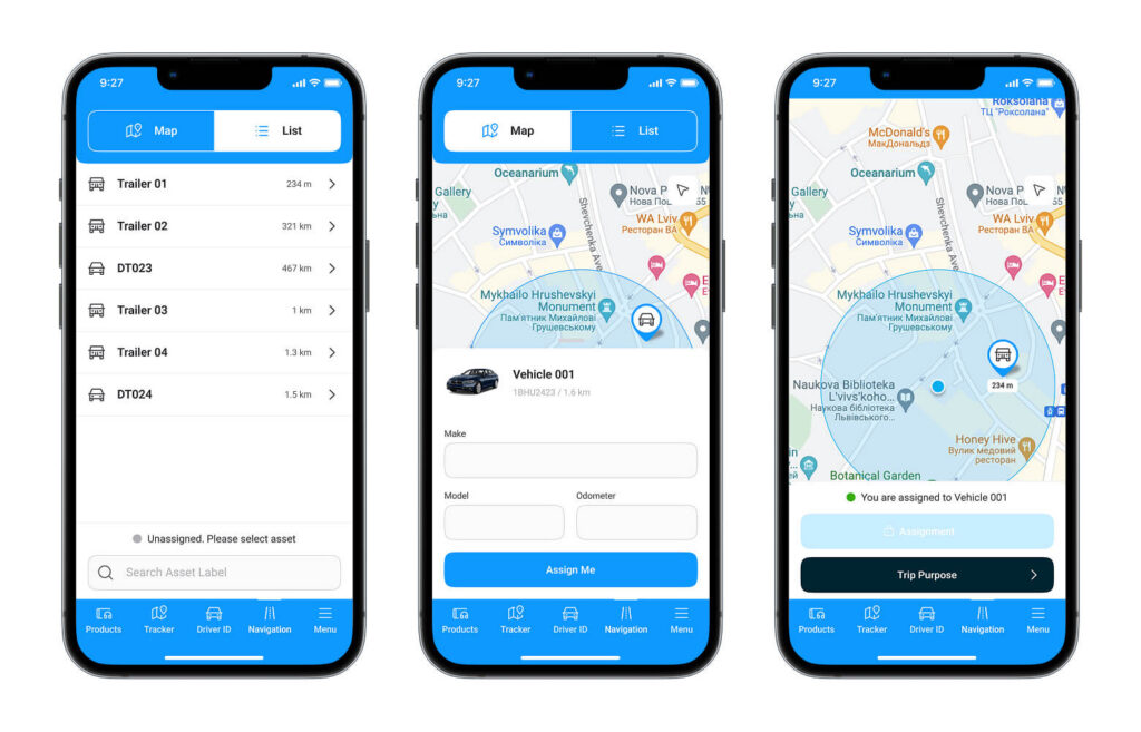 Rand One driver app screens showing asset list and driver-to-vehicle assignment