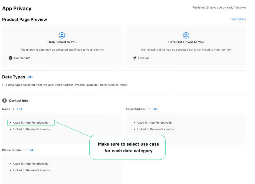 App Store Connect App Privacy section showing four declared data types