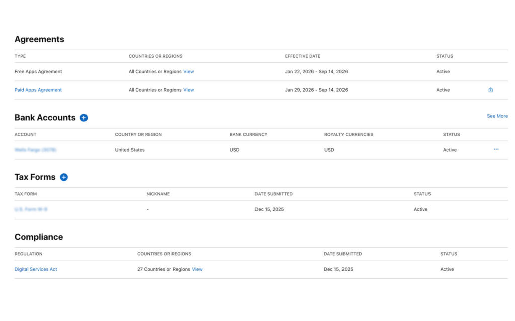 App Store Connect Agreements screen showing active Free Apps and Paid Apps agreements