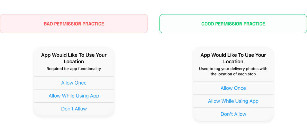 Correct and wrong iOS location permission dialogs side by side