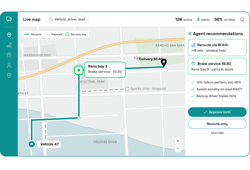 Fleet dispatcher dashboard showing an AI agent recommending a route and maintenance action